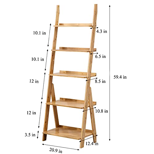 Natural 5-Tier Bamboo Ladder Shelf Bookcase - Freestanding Storage Organizer
