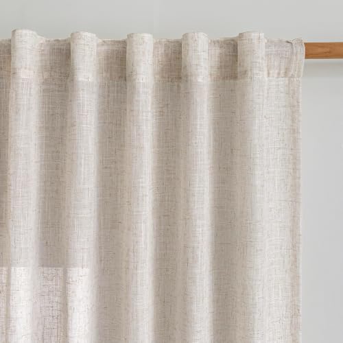 Linen Curtains for Living Room - 50W x 96L Semi Sheer Farmhouse Drapes Set of 2 Natural Linen