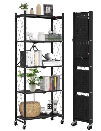 Black 5-Tier Folding Rolling Bookcase with Wheels - Heavy Duty Metal Shelving