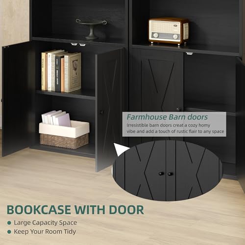 Black Modern Bookshelf with Doors - 6-Tier 71-Inch Tall Bookcase Storage Cabinet for Home Office