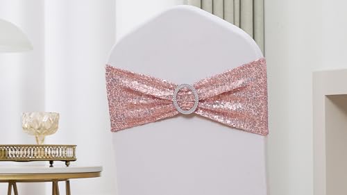 50 Pack Rose Gold Sequin Chair Sashes Bows for Wedding Party Decor