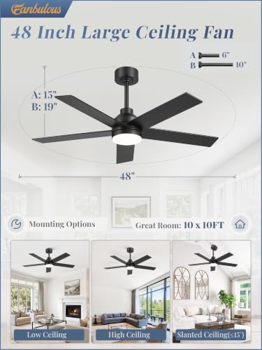 Large Ceiling Fan with Lights - 48 Inch Black Remote-Controlled Modern Fan