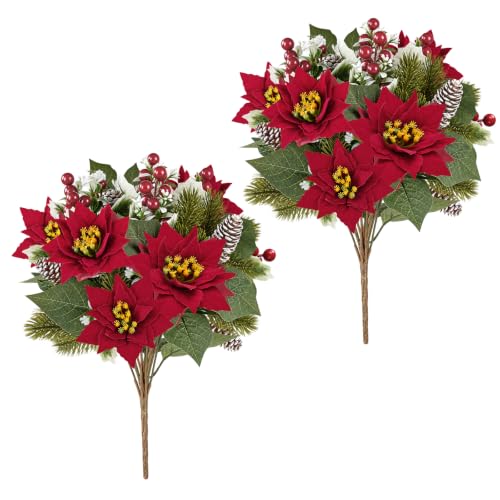 ZYZEV Red Poinsettias Artificial Christmas Flowers Bouquet - 2 Pack