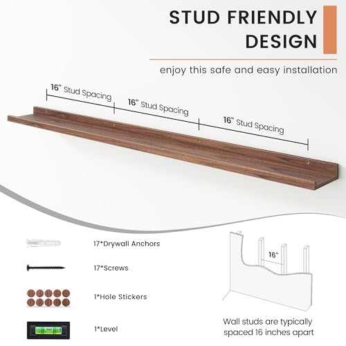 FLYJOE 56-Inch Floating Picture Ledge Shelves Set of 4 Walnut Wall Display Shelves for Photos & Books