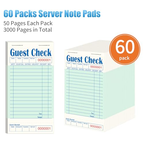 Guest Check Books for Servers - 60 Pack, Green, 3000 Tickets, Restaurant Note Pads