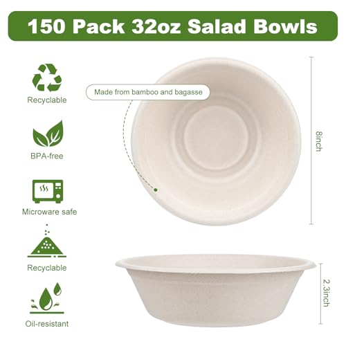 32oz Disposable Paper Bowls - 150 Pack Large Biodegradable Soup Bowls