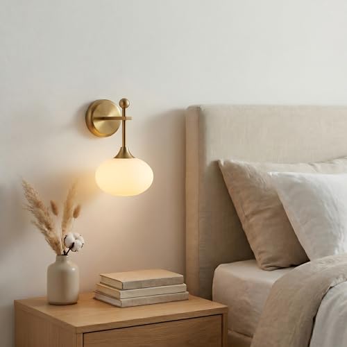 Brass Wall Sconce Set of 2 with Milk Glass Shades - Wireless Rechargeable with Remote