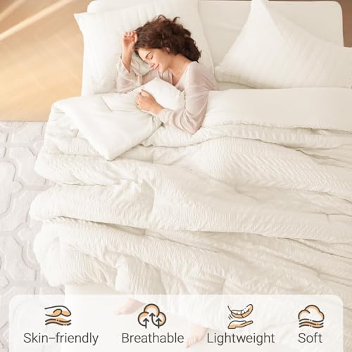 MUXHOMO Ivory Queen Comforter Set 7 Pieces Seersucker Bedding All Season