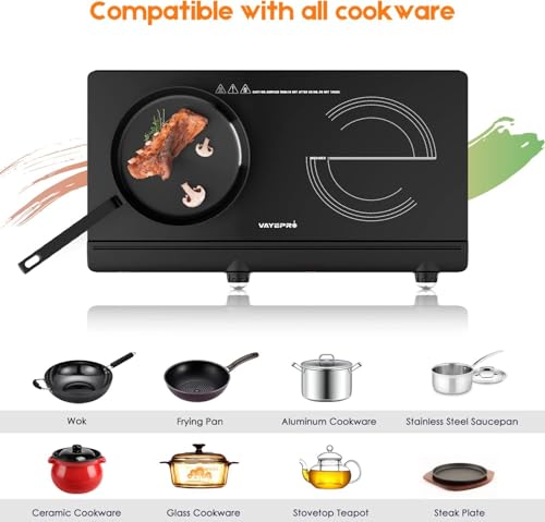 Infrared Double Burner Electric Cooktop 20x12x3.8inch, 1800W Portable Stove for Dorm & Kitchen