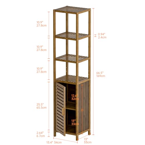 Walnut Bamboo Bathroom Tall Cabinet - 6 Tier Narrow Storage Unit with Removable Shelves