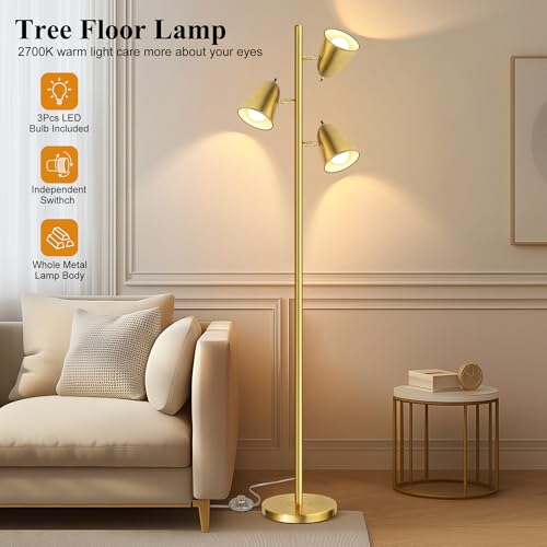 QiMH Brushed Gold Tree Floor Lamp with 3 Adjustable Arms & LED Bulbs, Modern Standing Tall Pole Light for Living Room & Bedroom