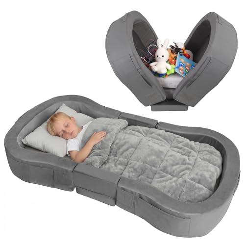 Toddler Travel Bed with Washable Cover - Foldable Foam Bed for Kids, Grey