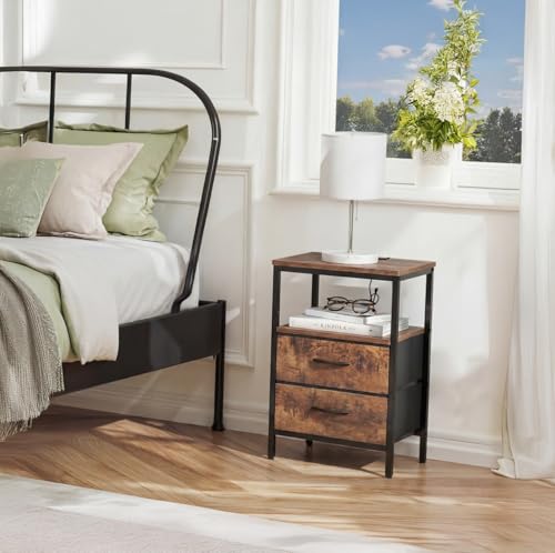 Huuger Rustic Brown Nightstands Set of 2 with Charging Stations, 2 Drawers, 15.7x23.6 inches