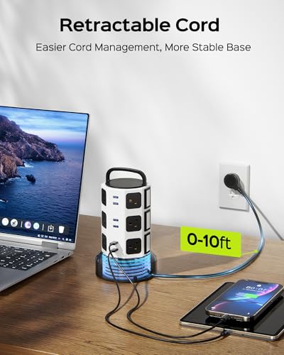 JACKYLED Power Strip Tower Surge Protector with 12 Outlets 6 USB C Ports - White, 10ft Cord
