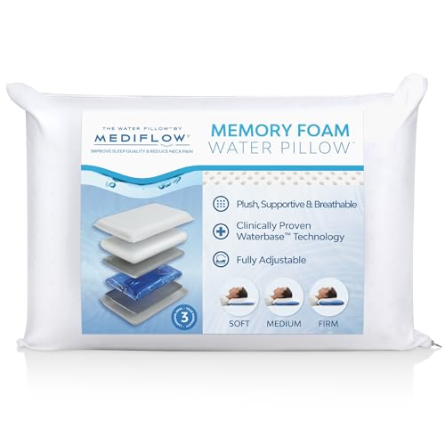 Mediflow Water Pillow with Memory Foam - Adjustable Waterbase, Standard/Queen, White - Single Pack