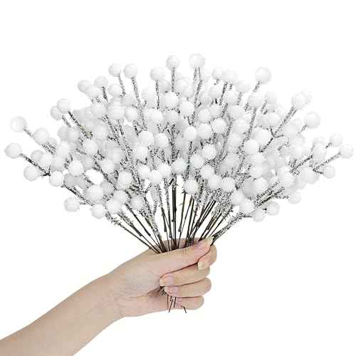 24Pcs Artificial White Berry Picks Snow Sprays Christmas Frosted Holly Berry Stems Twigs Winter Branches for Xmas Tree Fillers Decor Holiday Arrangements Wreaths Garland Crafts DIY Ornaments (White)