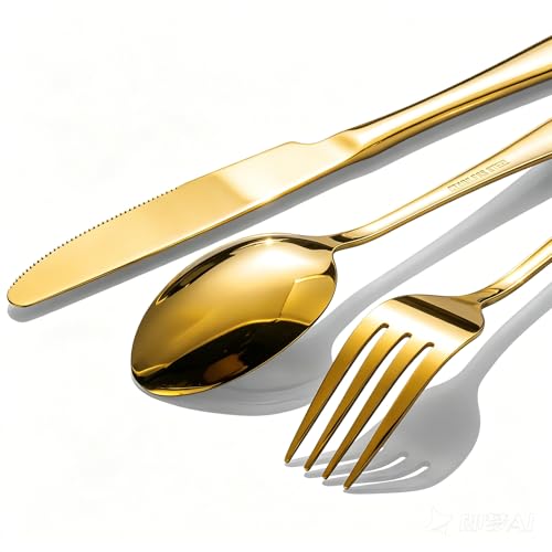 60-Piece Gold Stainless Steel Flatware Set - Service for 20, Mirror Polished, Dishwasher Safe