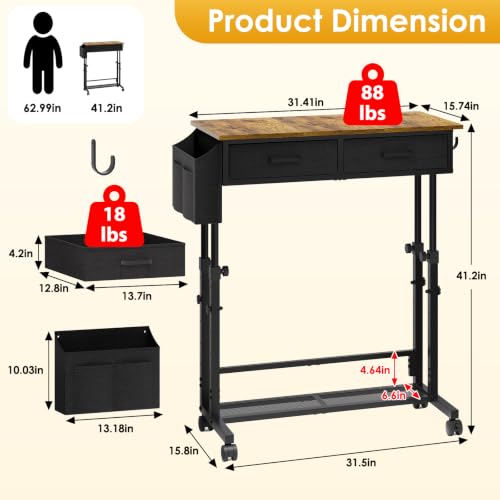 Rustic Brown Small Rolling Standing Desk with 2 Fabric Drawers & Storage Shelf - Height Adjustable Mobile Workspace for Home Office & Small Spaces