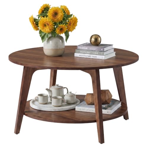 VASAGLE 2-Tier Round Coffee Table - Chestnut Walnut, Mid-Century Modern, 31.5 Inch Diameter