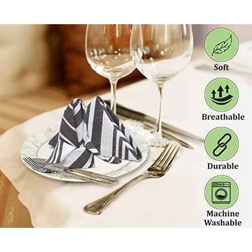 RUVANTI Cloth Napkins Set of 12 Cotton 100%, 20x20 Inches Napkins Cloth Washable, Soft, Absorbent. Cotton Napkins for Parties, Christmas, Thanksgiving, Weddings, Dinner Napkins Cloth - Grey Stripes