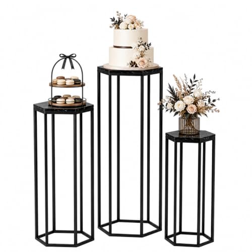 Urban Deco Set of 3 Black Hexagon Metal & Wooden Marble Party Stands