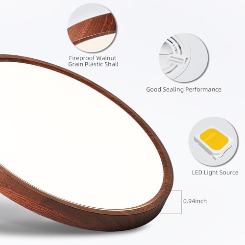 LED Walnut Wood Flush Mount Ceiling Light Fixture 16 Inch - 2 Pack - Adjustable Color Temperature