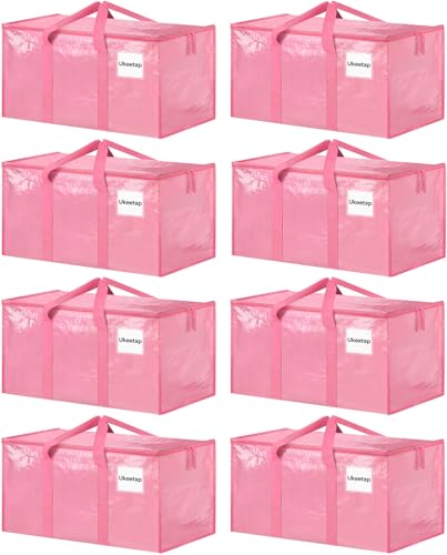 Ukeetap 8 Pack Extra Large Pink Clothes Storage Bins with Lids – 24 Gallon Moving & Organization Containers