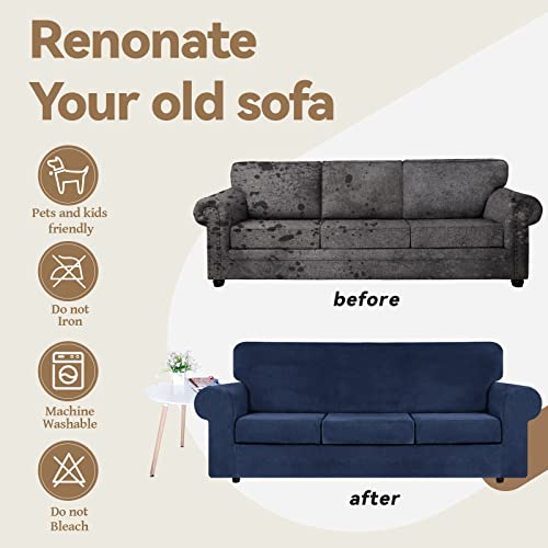 WEERRW Large Navy Blue Velvet Couch Cover 4 Pieces for 3-Cushion Sofas