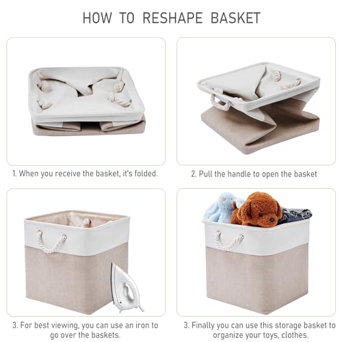 ISEMINGLA White & Beige 13 Inch Cube Storage Bins Set of 6 – Foldable Organizer Boxes for Clothes, Toys, Books
