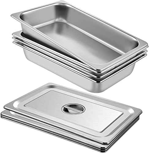 3.7 Inch Deep Stainless Steel Full Size Hotel Pan Set with Lids - 4 Pack, Anti-Jam, Commercial Food Storage & Catering
