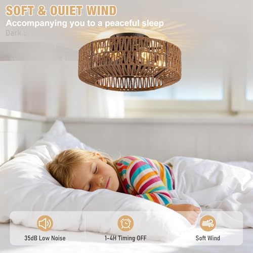 Dark Brown Rattan Ceiling Fan with Lights and Remote Control - Boho Fandelier 18 Inch
