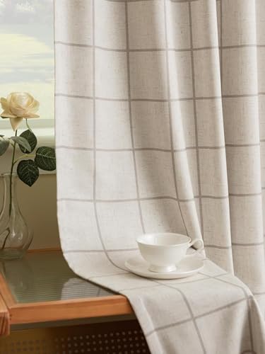 Linen/40W x 84L Double Layer Pinch Pleated Blackout Curtains Set - Checkered Gingham, Insulated, Darkening, 2 Panels, Variation of Linen / 40"W x 84"L