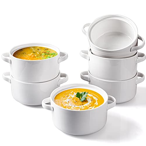 DELLING White Ceramic Soup Bowls with Handles Set of 6, 24 Oz Oven Safe Crocks