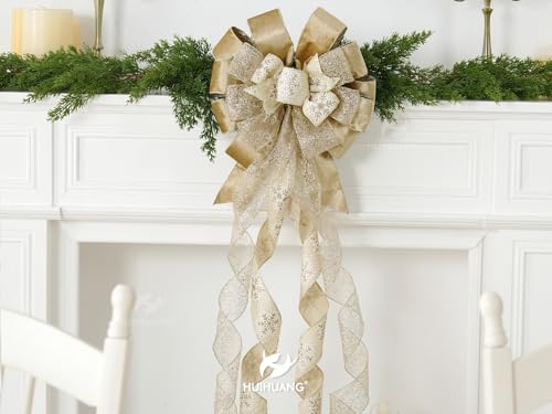 Champagne Gold Christmas Tree Topper Bow 13x45 in - HUIHUANG (Blue & White Variant) - Large Wire Ribbon 3-Design