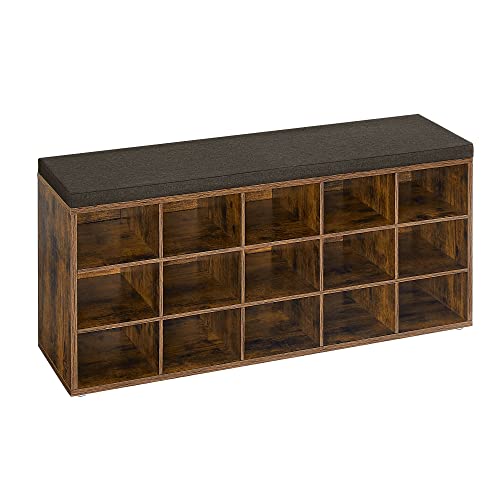 VASAGLE Rustic Brown & Chestnut Shoe Bench with 15 Cubbies & Removable Cushion
