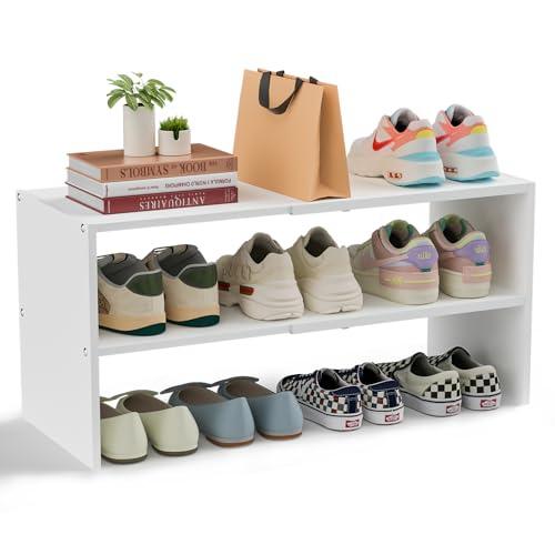 White 2-Tier Expandable Shoe Rack Organizer - 1 Pack, Sturdy Iron & Wood, Small Space Storage