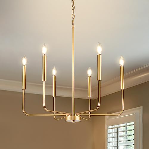 Gold 6-Light Candle Chandelier for Dining Room Farmhouse Pendant Light Fixture - Adjustable Height