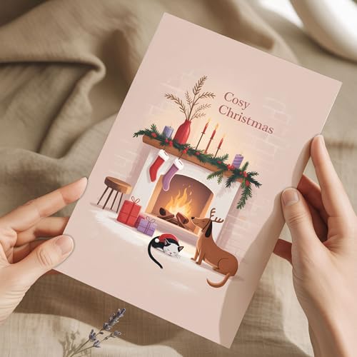 Cozy Christmas Greeting Card with Envelope - Fireplace Scene, Dog & Cat Design, Scandinavian Holiday Style, 5.3x8in