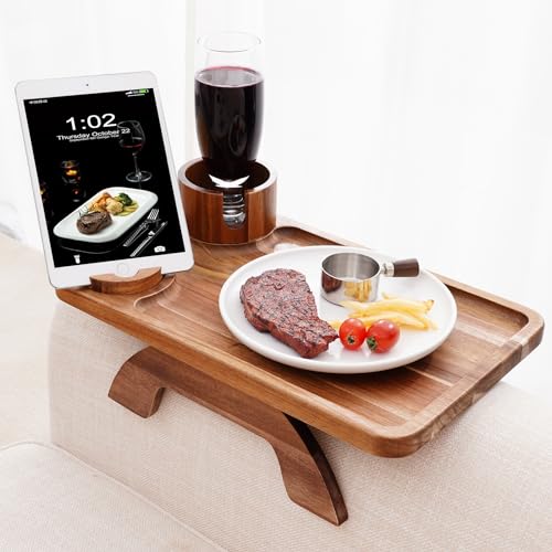 Nnewvante Acacia Wood 2-Pack Couch Armrest Tray with Cup Holders & Phone Stand – Clip-On Sofa Table
