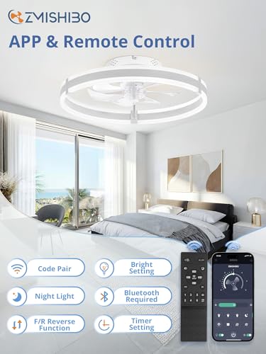 ZMISHIBO 19.7'' White Ceiling Fan with Lights Remote & App Control, Reversible DC Motor