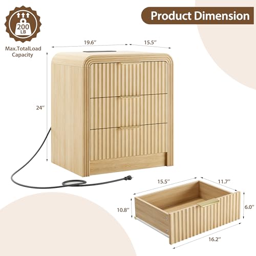 Decofy Fluted Nightstand with 3 Drawers & Charging Station - Natural Oak, Variation 1