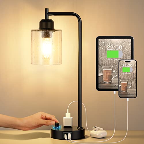 Innqoo Seeded Glass Industrial Desk Lamp with Dimmable Feature, USB-C & Outlet, Black - Vintage Bedside Lighting