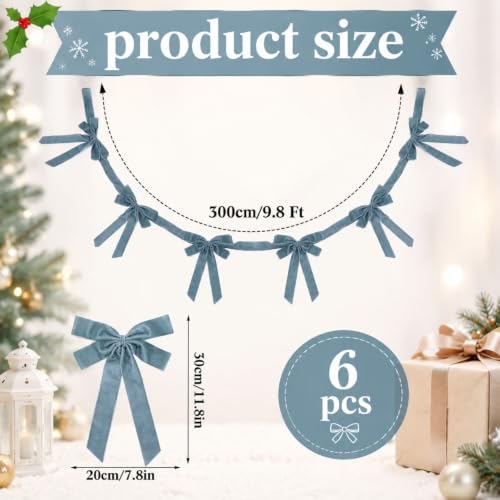 Dusty Blue Velvet Christmas Bow Garland 10 ft for Mantle Decor, Holiday Home Decoration