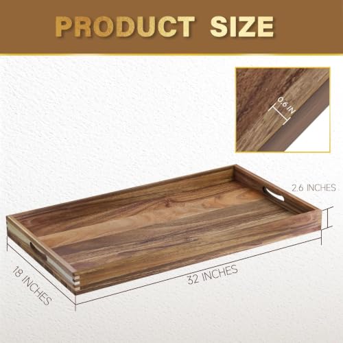 Extra Large Acacia Wood Serving Tray 32 x 18 Inches with Handles - Brown Variation