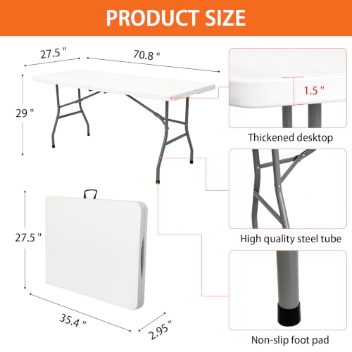 Jynooer 6ft White Folding Table - Heavy Duty Portable Indoor Outdoor Picnic