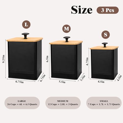 Kitchen Canisters Set of 3 - Black Metal Food Storage Containers with Airtight Lids & Chalkboard Labels