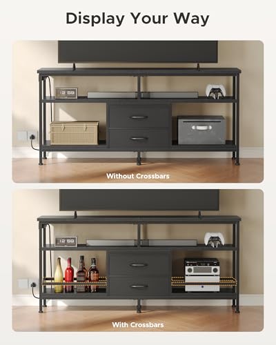 55 Inch TV Stand with LED Lights and Charging Station - Black, Supports Up to 65 Inch TVs