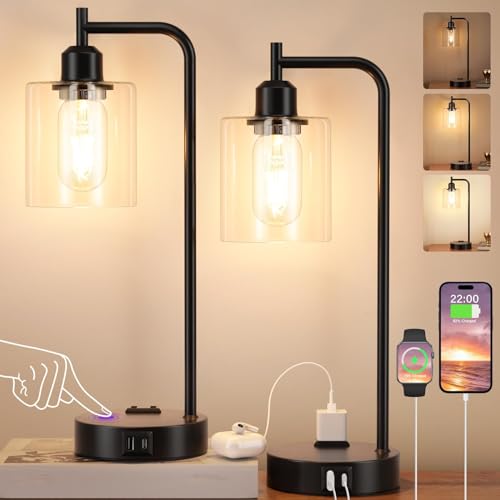 Innqoo A-Clear Industrial Touch Bedside Lamps Set of 2, Dimmable Nightstand Lights with USB and Outlet