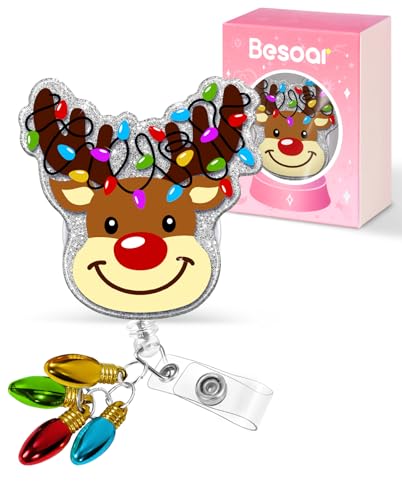 Besoar Christmas Colorful Reindeer Badge Reel Retractable ID Holder with Alligator Clip - Holiday Gift for Nurse, Medical Staff, Students