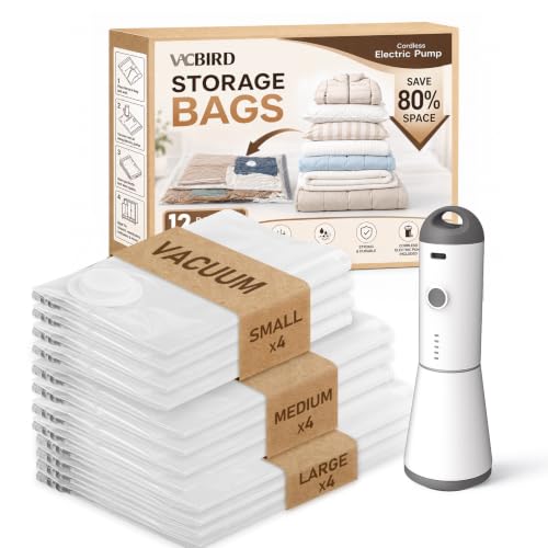 Vacbird Travel Vacuum Storage Bags 12 Pack with Rechargeable Cordless Pump | Space Saver Compression Packing for Clothes & Bedding